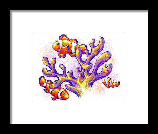 Illustration Framed Print featuring the drawing Ocean Wilderness Clownfish and Coral Reef by Sipporah Art and Illustration