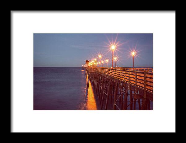 Oceanside Pier Dawn Lights Framed Print featuring the photograph Oceanside Pier Dawn Lights by Joseph S Giacalone