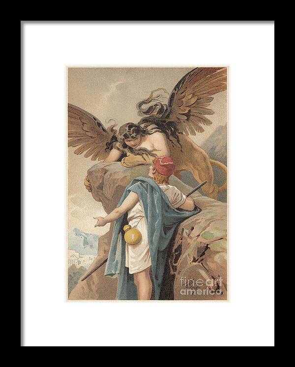 Engraving Framed Print featuring the digital art Oedipus And The Sphinx, Greek by Zu 09