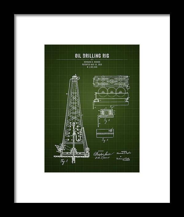 Oil Framed Print featuring the digital art Oil Drilling Rig - Dark Green Blueprint by Aged Pixel