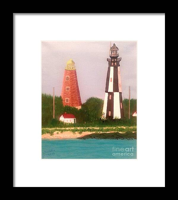 Original Framed Print featuring the painting Old and New Cape Henry Lighthouses, Virginia by Elizabeth Mauldin