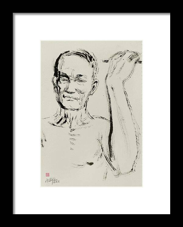 Old Framed Print featuring the painting Old man with wall-ArtToPan drawing- character freehand brush sketch by Artto Pan