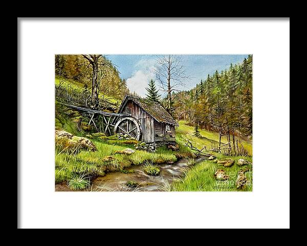 Landscape Framed Print featuring the painting Old Mill by a Creek by Jeanette Ferguson