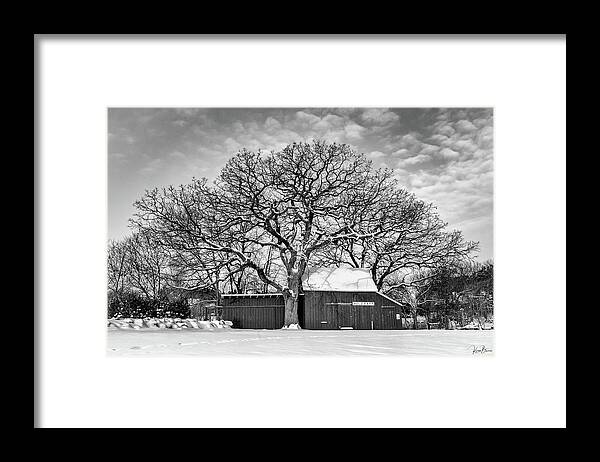 Black And White Framed Print featuring the photograph Oldest Tree Protects Holz Farm Signed by Karen Kelm