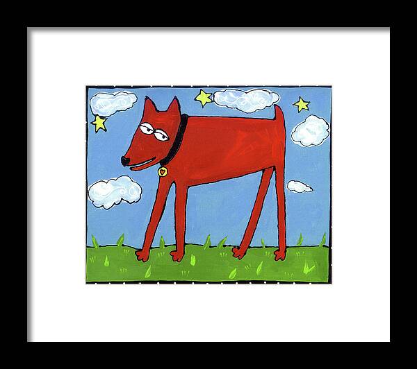 Red Dog On Lawn Framed Print featuring the painting On A Walk by Cherry Pie Studios