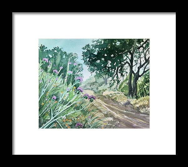 Santa Monica Framed Print featuring the painting On the Misty Trail - Tuna Canyon by Luisa Millicent