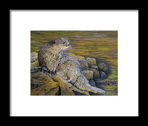 North American Wildlife Framed Print featuring the painting On The River Bank - River Otter by Johanna Lerwick