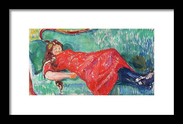 On The Sofa Framed Print featuring the painting On the Sofa - Digital Remastered Edition by Edvard Munch