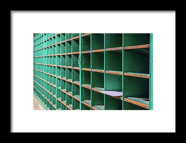 Post Office Framed Print featuring the photograph One Letter Left in Old Mail Rack by Darryl Brooks
