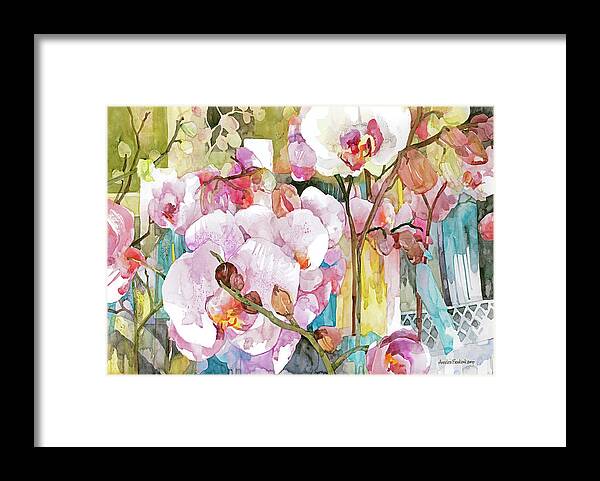 Flowers Framed Print featuring the painting Orchid Oasis by Annelein Beukenkamp