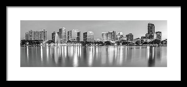 America Framed Print featuring the photograph Orlando Skyline Panoramic From Lake Eola Park - Monochrome by Gregory Ballos