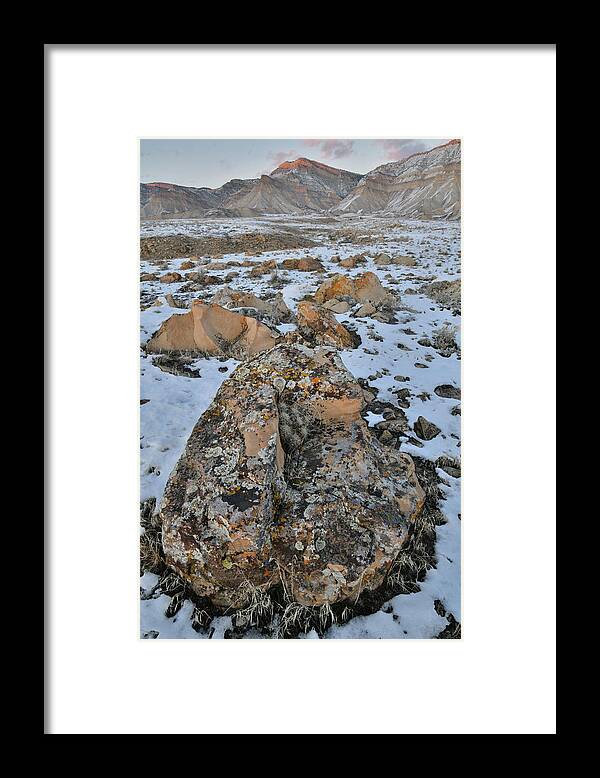 Book Cliffs Framed Print featuring the photograph Ornate Boulder Beneath the Book Cliffs by Ray Mathis