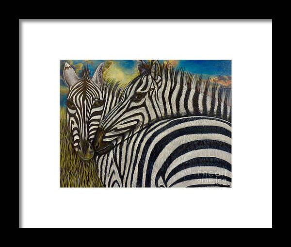 Nature Scene Zebra Paintings Two Zebras With Broad Black And White Stripes Nuzzling Each Other Around The Neck Side And Backside Views With Sunrise In Background And Grassy Savanna Animal Paintings Acrylic Paintings Framed Print featuring the painting Our Stripes May Be Different But Our Hearts Beat As One by Kimberlee Baxter