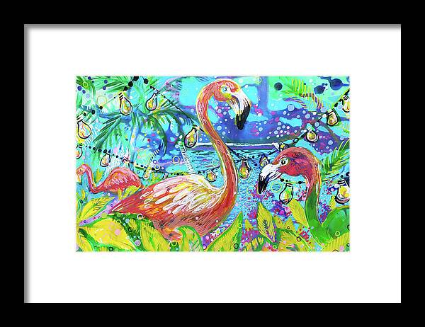 Flamingo Framed Print featuring the painting Outdoor flamingo party by Tilly Strauss