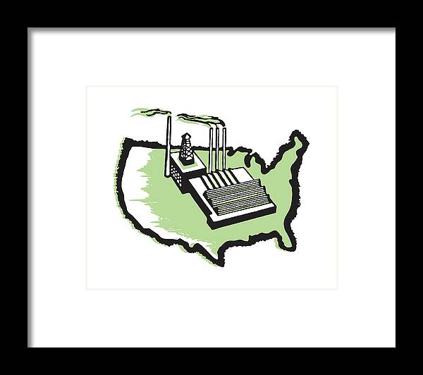 Air Quality Framed Print featuring the drawing Outline of USA with Factory by CSA Images