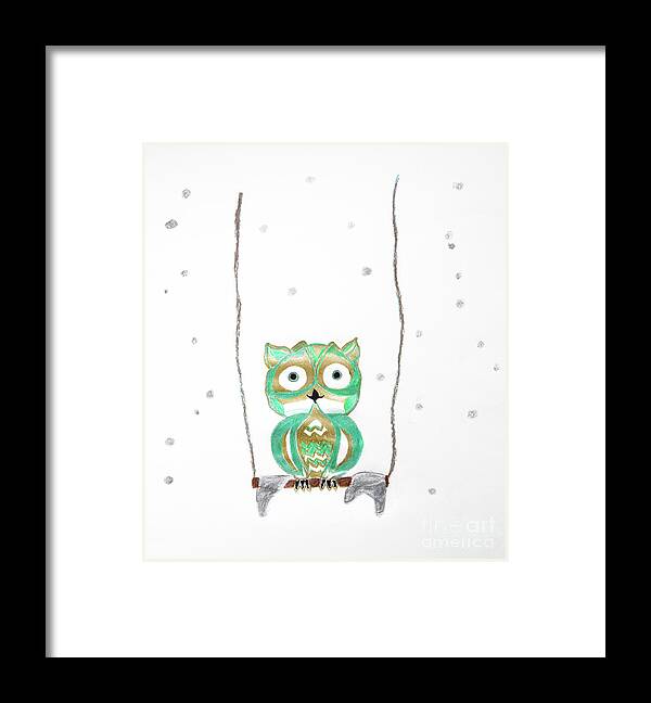 Colored-pencil Framed Print featuring the drawing Owl Fun #1 #mint #green #gold #drawing #decor #art by Anitas and Bellas Art