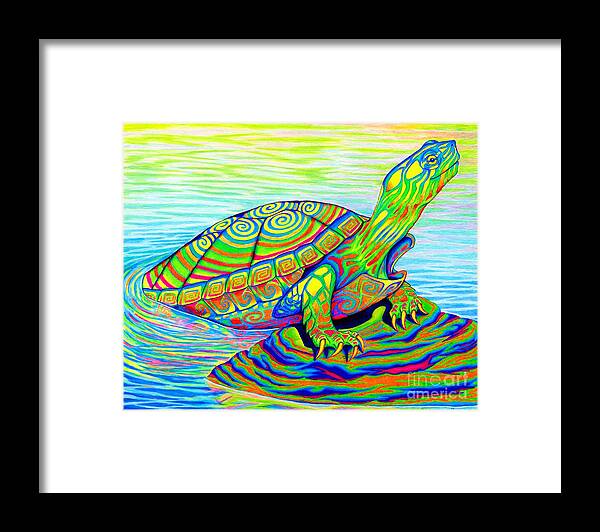 Turtle Framed Print featuring the drawing Psychedelic Neon Rainbow Painted Turtle by Rebecca Wang