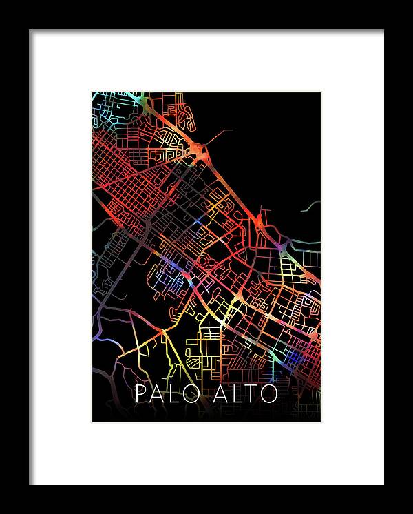 Palo Alto Framed Print featuring the mixed media Palo Alto California Watercolor Street Map Dark Mode by Design Turnpike