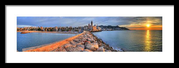 Catalonia Framed Print featuring the photograph Panorama Of Sitges At Sunrise by Richard Fairless