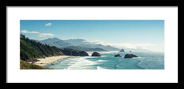 Scenics Framed Print featuring the photograph Panoramic Shot Of Cannon Beach, Oregon by Kativ
