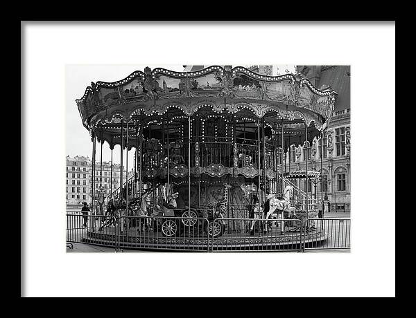 Paris Framed Print featuring the photograph Paris Merry Go Round in Mono by Georgia Clare