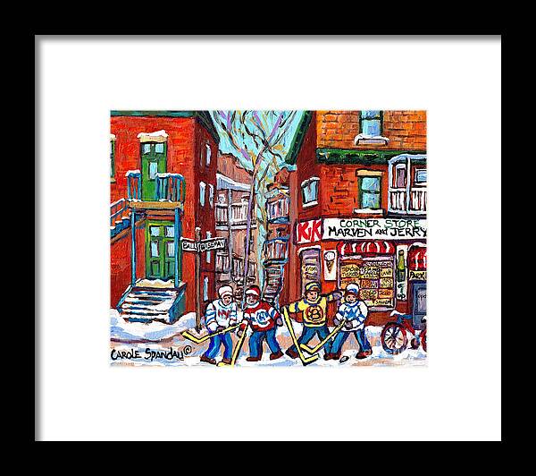 Hockey Framed Print featuring the painting Park Extension Paintings Marven's Cornerstore Ball Ave Hockey Art Montreal Memories C Spandau Artist by Carole Spandau