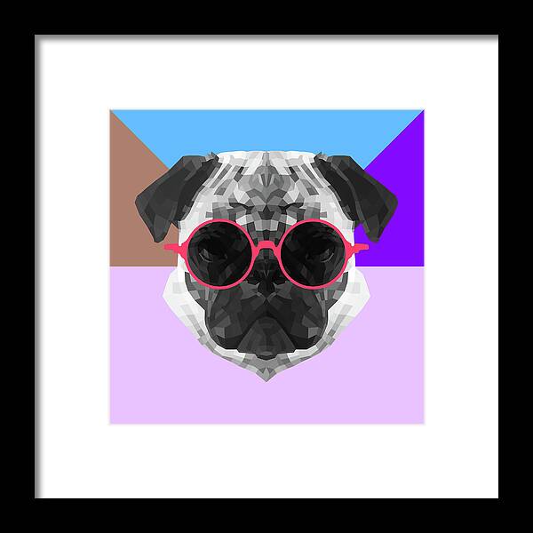 Pug Framed Print featuring the digital art Party Pug in Pink Glasses by Naxart Studio