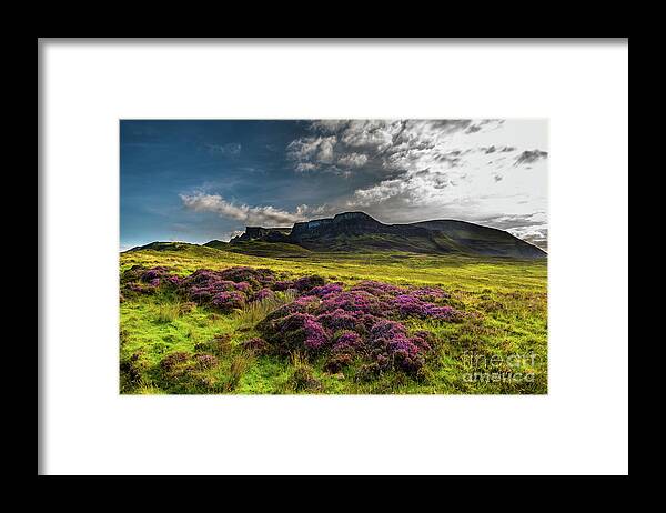 Abandoned Framed Print featuring the photograph Pasture With Blooming Heather In Scenic Mountain Landscape At The Old Man Of Storr Formation On The by Andreas Berthold