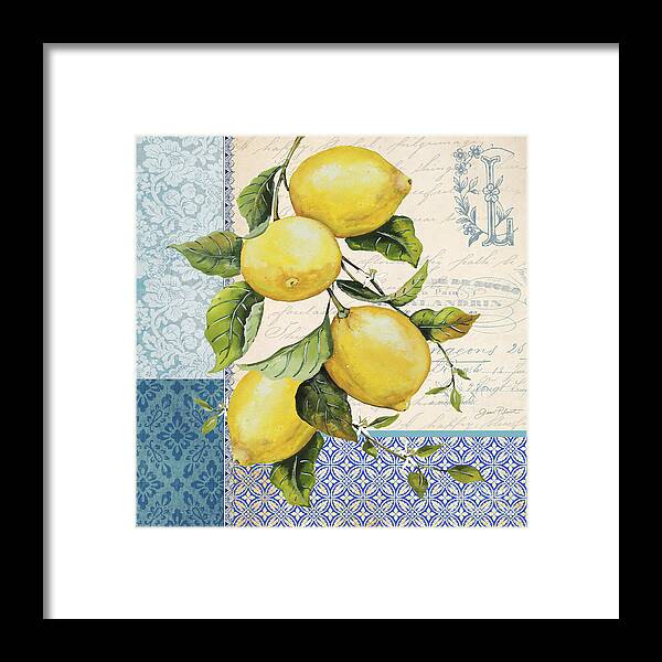 Lemon Framed Print featuring the mixed media Patchwork Lemons A by Jean Plout