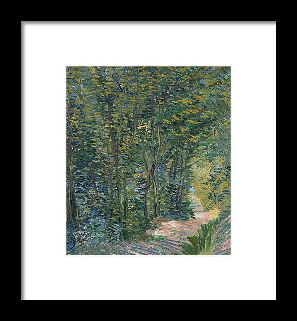 Oil On Canvas Framed Print featuring the painting Path in the Woods. by Vincent van Gogh -1853-1890-