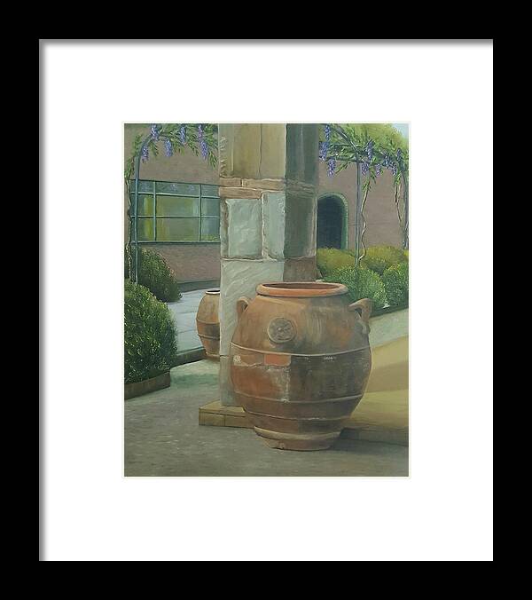 Tuscan Patio Pots Framed Print featuring the painting Patio Pots by Connie Rish