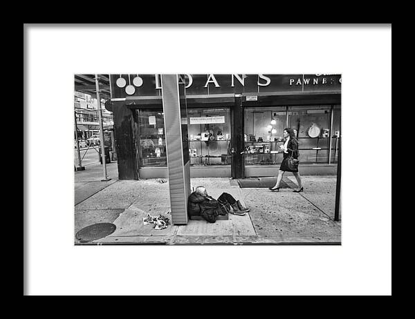 B&w Photograph Of New York City. Contrast Of Rich And Poor In America.horizontal Cityscape Framed Print featuring the photograph Pawn Shop by Joan Reese