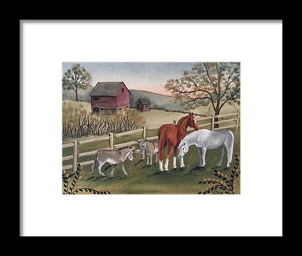 Horses Framed Print featuring the painting Peaceful Farm by Lisa Curry Mair