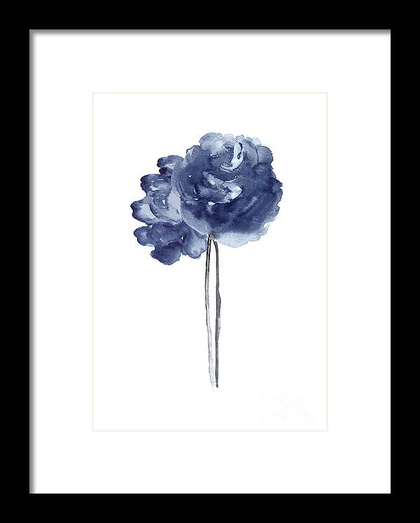 Peony Poster Framed Print featuring the painting Peony Navy Blue Flower Watercolor Painting by Joanna Szmerdt
