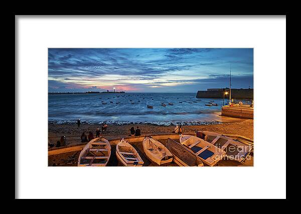 Sea Framed Print featuring the photograph People at Caleta Beach Photographing Sunset Dramatic Sky Cadiz Andalusia Spain by Pablo Avanzini
