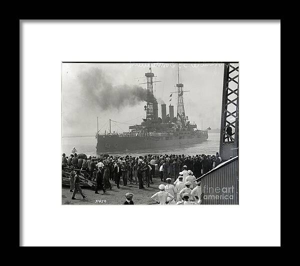 Crowd Of People Framed Print featuring the photograph People On Pier Watch Ship Sailing Away by Bettmann