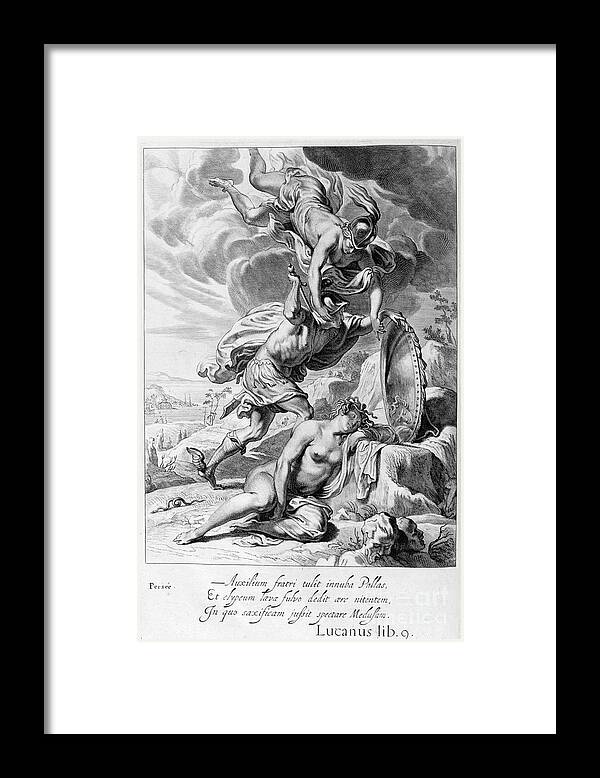 Engraving Framed Print featuring the drawing Perseus Cuts Off Medusas Head, 1655 by Print Collector