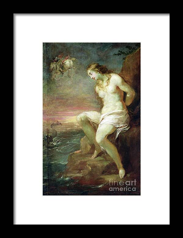 Female Framed Print featuring the painting Perseus Rescuing Andromeda, C.1695 by Michael Leopold Willmann