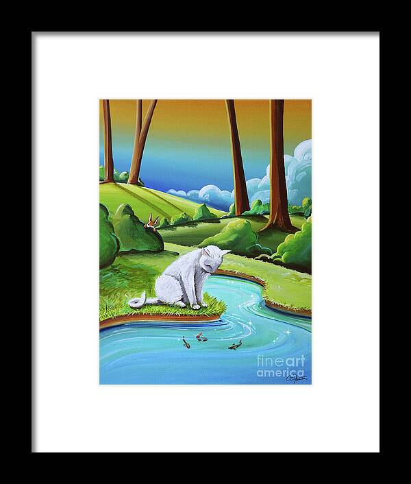 White Cat Framed Print featuring the painting Peter Sees A Cat by Cindy Thornton