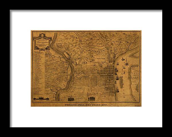 Philadelphia Framed Print featuring the mixed media Philadelphia Pennsylvania Vintage City Street Map 1875 by Design Turnpike