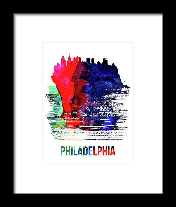 Philadelphia Framed Print featuring the mixed media Philadelphia Skyline Brush Stroke Watercolor  by Naxart Studio