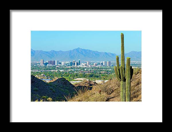 Saguaro Cactus Framed Print featuring the photograph Phoenix Skyline Framed By Saguaro by Dszc