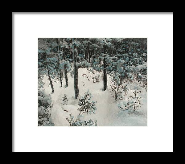 Hans Saele Framed Print featuring the painting Pine Tree Trunks in Snow by Hans Egil Saele