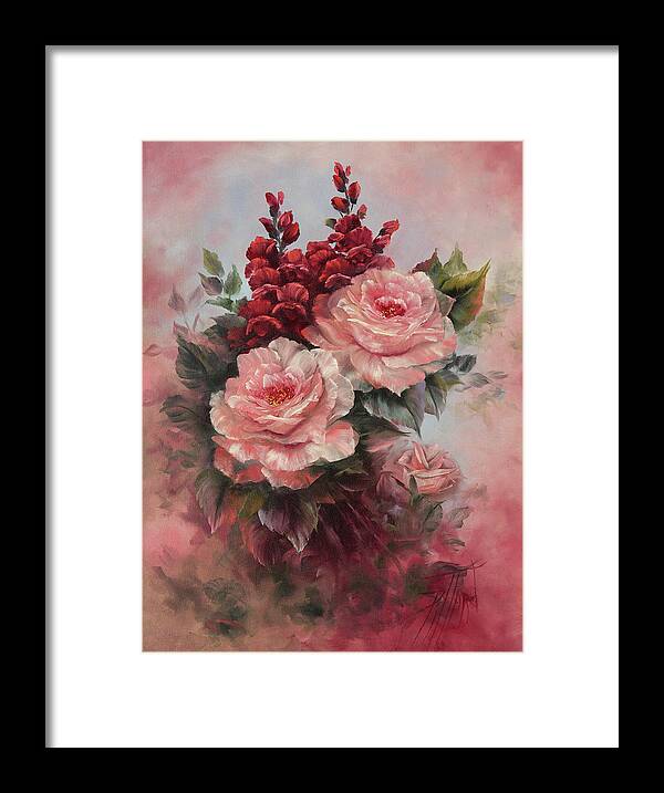 Floral Framed Print featuring the painting Roses and Snapdragons by Lynne Pittard