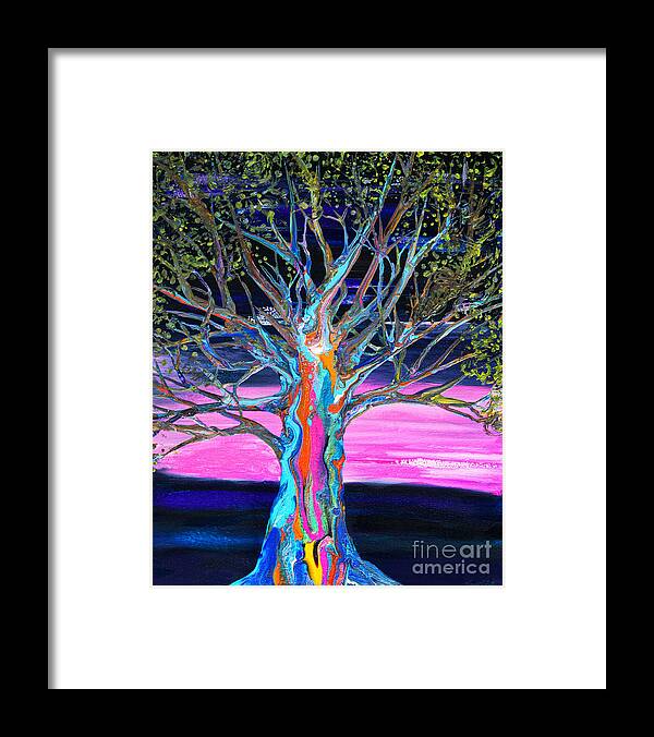 Pink Sky Rainbow Colors Tree Framed Print featuring the painting Pink Sky Rainbow Tree #4371 by Priscilla Batzell Expressionist Art Studio Gallery