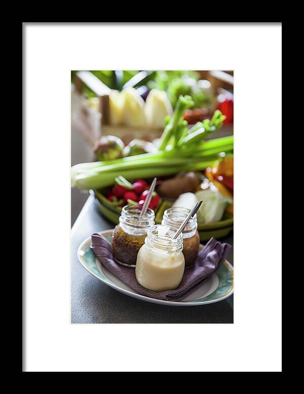 Ip_11243896 Framed Print featuring the photograph Pinzimonio vegetables With Three Different Dips, Italy by Imagerie