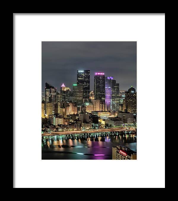 Pittsburgh Framed Print featuring the photograph Pittsburgh Night Skyscrapers by Ginger Stein