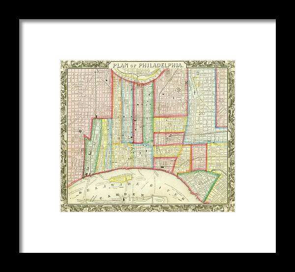 Map Framed Print featuring the mixed media Plan of Philadelphia, 1860 by Augustus Mitchell