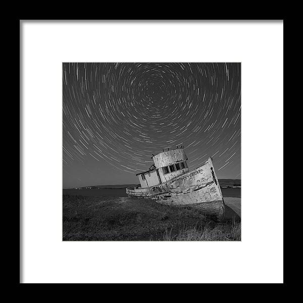 Point Reyes Boat In The Water With Stars Framed Print featuring the photograph Point Reyes 1, Black And White by Moises Levy