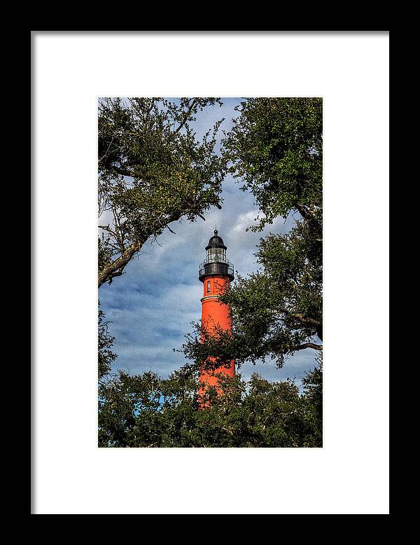 Barberville Roadside Yard Art And Produce Framed Print featuring the photograph Ponce Inlet Lighthouse by Tom Singleton